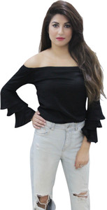 CrazeVilla Party Bell Sleeve Solid Women Black Top