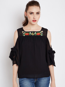 Rare Casual 3/4th Sleeve Solid Women Black Top