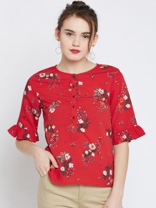 Marie Claire Casual Short Sleeve Printed Women Red Top