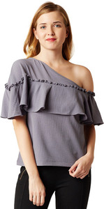 Miss Chase Party Sleeveless Self Design Women's Grey Top