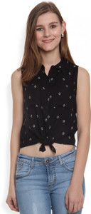 People Casual Sleeveless Printed Women's Black Top