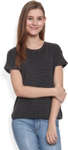 People Casual Half Sleeve Striped Women's Black, Grey Top