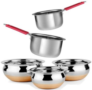 Jalpan Serving & Cookware - Induction Sauce pan wire handle 1000ml, 1500ml. - with - Serving HANDI - 3 Pcs. - 500ml, 750ml, 1250ml. Copper Bottom. Pot, Pan, Handi Set