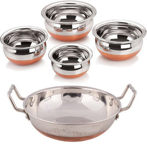 Jalpan Cookware Combo - Serving HANDI Set 4 Pcs. - Copper Bottom - 500ml, 750ml, 1250ml, 1900ml. - with - KADHAI 2 Liter - COPPER BOTTOM. Pot, Pan, Handi, Kadhai Set
