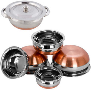 Jalpan Serving HANDI 5 Pcs. - Copper Bottom - 500ml, 750ml, 1250ml, 1900ml, 2500ml. - With - PREMIUM HANDI with SS LID 750ml. - COPPER BOTTOM Prabhu Chetty. Pot, Pan, Handi Set
