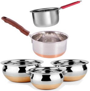 Jalpan Serving & Cookware - Induction Sauce pan wire handle 1000ml. – with – Copper Bottom Sauce Pan – 2 Liter.- with - Serving HANDI Copper Bottom - 3 Pcs. - 500ml, 750ml, 1250ml. Pot, Pan, Handi Set