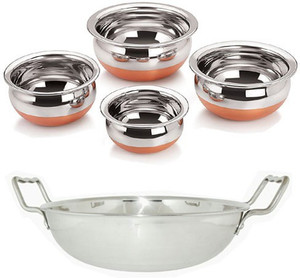 Jalpan Cookware Combo - Induction Kadhai 2 Liter - with - Serving HANDI 4 Pcs. - Copper Bottom - 500ml, 750ml, 1250ml, 1900ml. Pot, Pan, Kadhai, Handi Set