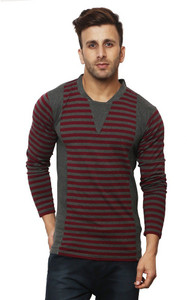 Leana Striped Men Henley Grey, Maroon T-Shirt