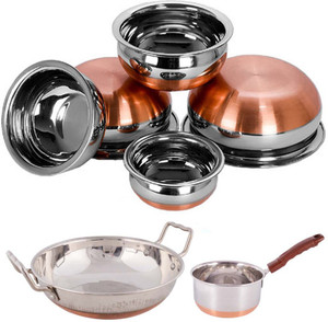 Jalpan Sauce Pan Copper Bottom - 2 Liter - with - Serving HANDI Set 5 Pcs. - Copper Bottom - 500ml, 750ml, 1250ml, 1900ml, 2500 ml. - with - KADHAI 2 Liter - COPPER BOTTOM. Pot, Pan, Handi, Kadhai Set