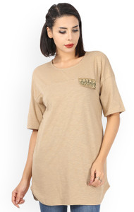 Vero Moda Casual Half Sleeve Solid Women Beige Top
