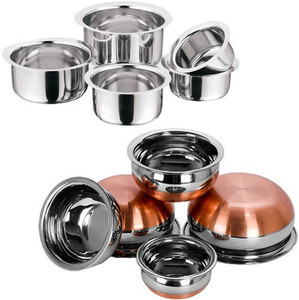 Jalpan Serving & Cookware 10 Pcs. - Induction Tope 5 Pcs. - Flat Bottom - 1000ml, 1500ml, 2000ml, 2500ml, 3000ml. - with - Serving HANDI 5 Pcs. - Copper Bottom - 500ml, 750ml, 1250ml, 1900ml, 2500ml, -