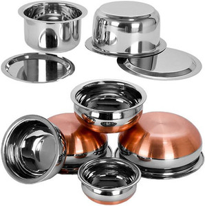 Jalpan Induction Tope 2 Pcs. - 1500ml, 2500ml. Flat Bottom with Lid - with - Serving Handi 5 Pcs. - Copper Bottom - 500ml, 750ml, 1250ml,1900ml, 2500ml.