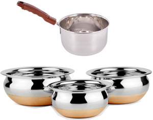 Jalpan Serving HANDI 3 Pcs. - 500ml, 750ml, 1250ml. Copper Bottom - Prabhu Chetty - with - Induction Sauce Pan 2 Liter - Multipurpose 4 Pcs. Pot, Pan, Handi Set