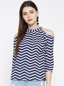 U&F Casual 3/4th Sleeve Chevron Women Dark Blue Top