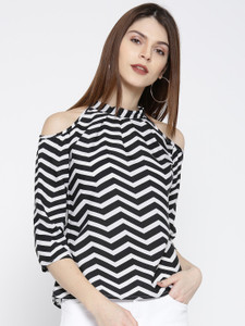 U&F Casual 3/4th Sleeve Chevron Women Black Top
