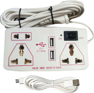 S.Blaze Free Android Data Cable with Heavy Duty 5 in 1 White USB Charging Port Small Strip/ Mini Strip / Power Strip / Extension Cord, with On / Off Switch & LED Indicator with 3-4m lengthy wire and Free 1 Amp. Fuse & Android Data Cable, USB Android Data Cable + 2 USB Pin Socket + 1 Two Pin Socket + 2 A Three Pin Socket