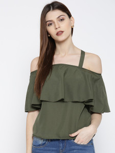 U&F Casual Shoulder Strap Solid Women Dark Green Top
