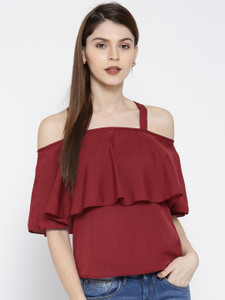 U&F Casual Shoulder Strap Solid Women Maroon Top