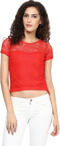 FRENCH FUSION Casual Half Sleeve Self Design Women's Red Top