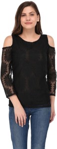 THE MAYA'S Party 3/4th Sleeve Solid Women Black Top