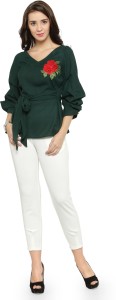 Pluss Casual 3/4th Sleeve Solid Women Green Top