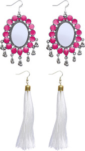 NAWAB Boho Gypsy Mirror Tassel and eanmel Earring for girls and women (pack of 2 pair)- pink and white Alloy Earring Set
