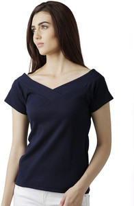 Miss Chase Party Short Sleeve Solid Women's Dark Blue Top