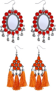 NAWAB Boho Gypsy Mirror Tassel and eanmel Earring for girls and women (pack of 2 pair)- red and orange Alloy Tassel Earring, Dangle Earring