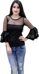 CrazeVilla Party Bell Sleeve Solid Women's Black Top