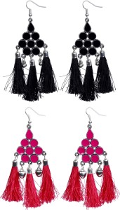 NAWAB Boho Gypsy Mirror Tassel and eanmel Earring for girls and women (pack of 2 pair)- black and pink Alloy Tassel Earring, Dangle Earring