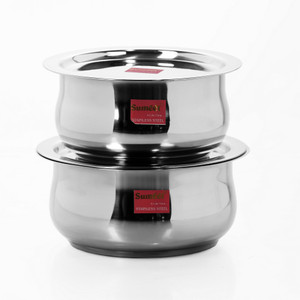 Sumeet 2 Pcs Stainless Steel Induction & Gas Stove Friendly Belly Shape Container Set / Tope / Cookware Set With Lids Size No.11 & No.12 Pot 2.1 L