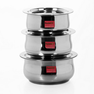 Sumeet 3 Pcs Stainless Steel Induction & Gas Stove Friendly Belly Shape Container Set / Tope / Cookware Set With Lids Size No.10 to No.12 Pot 2.1 L