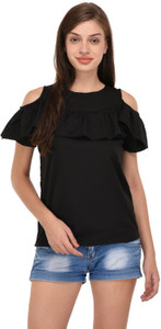 THE MAYA'S Party Half Sleeve Solid Women Black Top