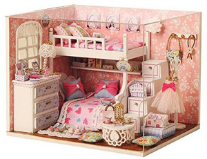 Mcitymall Wooden Kids Mini Diy Dolls House Pink Angel Bedroom