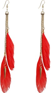 NAWAB Boho Gypsy Tassel Red Feather and Golden Chain Earrings for girls and women (1 pair) Alloy Tassel Earring, Dangle Earring