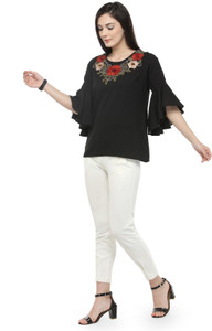 Pluss Casual Bell Sleeve Embroidered Women's Black Top