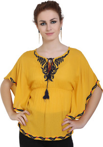 Forelevy Party Butterfly Sleeve Embroidered Women Yellow Top