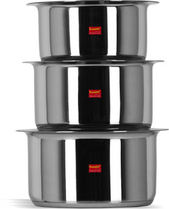 Sumeet 3 Pcs Stainless Steel Induction Bottom (Encapsulated Bottom) Induction & Gas Stove Friendly Container Set / Tope / Cookware Set With Lids Size No.12 to No.14 Pot 2.8 L