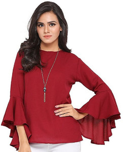Indietoga Casual Bell Sleeve Solid Women Maroon Top