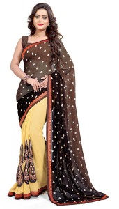 mirchi fashion polka print, embroidered bollywood georgette, chiffon saree(brown, beige) 923