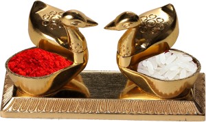 dreamkraft loving bird duck chopda pair with kumkum roli rice box for gift and pooja purpose showpiece decorative showpiece  -  11 cm(aluminium, gold)