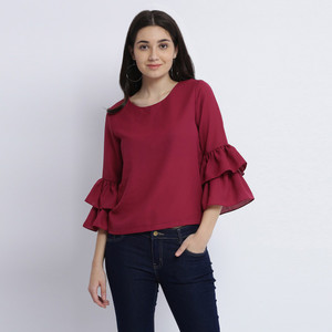 Miss Chase Casual Full Sleeve Solid Women's Maroon Top