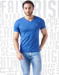 metronaut solid men v-neck blue t-shirt MS17T0208