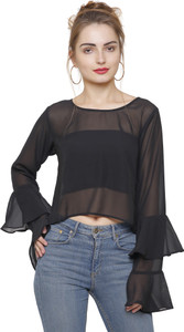 Marzeni Casual Bell Sleeve Solid Women's Black Top