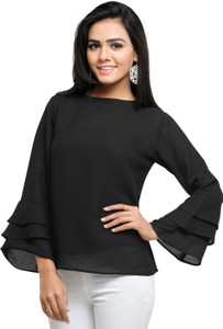 Serein Party Bell Sleeve Solid Women's Black Top