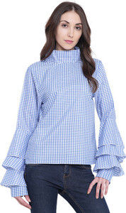 dynagen Casual Layered Sleeve Checkered Women's Blue, White Top