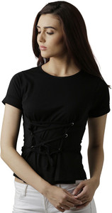 Miss Chase Casual Short Sleeve Solid Women's Black Top