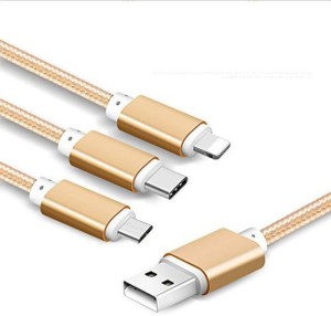 Afrodive Fiber 3 in 1 USB Charging Cable with 8 Pin Lightning, USB Type C, Micro USB Charging Cable Connector Compatible with Mi, Apple, Samsung, Sony, Lenovo, Oppo, Vivo Smartphones USB Cable