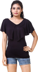 Skizo Casual Cape Sleeve Solid Women's Black Top