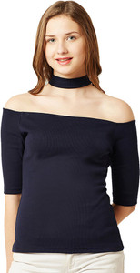 Miss Chase Party Short Sleeve Solid Women's Dark Blue Top